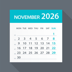 November 2026 Calendar Green Leaf - Vector Illustration. Week starts on Monday