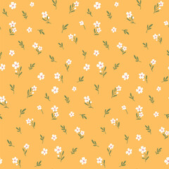 Seamless floral pattern, liberty ditsy print of tiny pretty daisies on yellow field. Simple cute botanical design of small hand drawn flowers, leaves, simple mini plants. Textile fashion print. Vector
