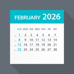 February 2026 Calendar Green Leaf - Vector Illustration