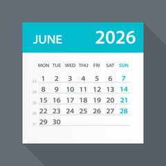 June 2026 Calendar Green Leaf - Vector Illustration. Week starts on Monday