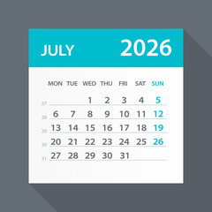 July 2026 Calendar Green Leaf - Vector Illustration. Week starts on Monday