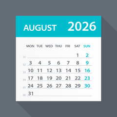 August 2026 Calendar Leaf - Vector Illustration. Week starts on Monday
