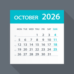 October 2026 Calendar Green Leaf - Vector Illustration. Week starts on Monday