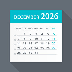 December 2026 Calendar Green Leaf - Vector Illustration. Week starts on Monday