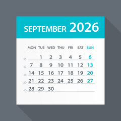 August 2026 Calendar Green Leaf - Vector Illustration. Week starts on Monday