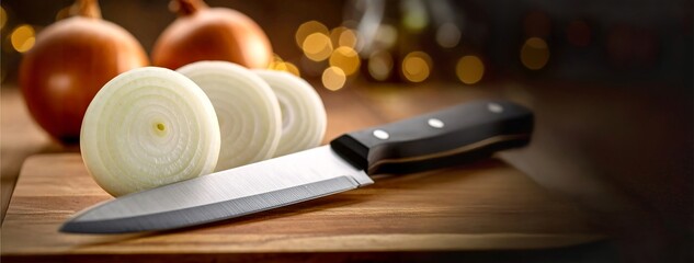 Whole and sliced onions are on a wooden cutting board with a sharp kitchen knife under warm lighting