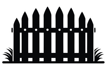 Black Silhouette Illustration of a Picket Fence with Grass Patch Details Around Edges
