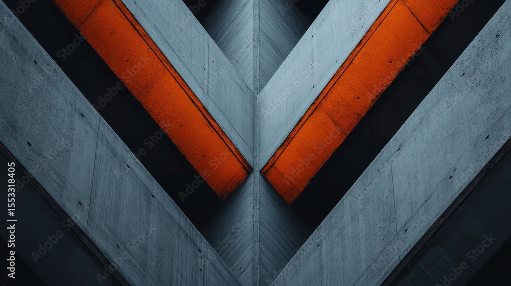Poster an artistic view of an abstract concrete structure with sharp angles and striking orange elements th