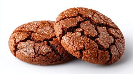 Fototapeta premium Close-up of two delicious cracked chocolate cookies on a white surface