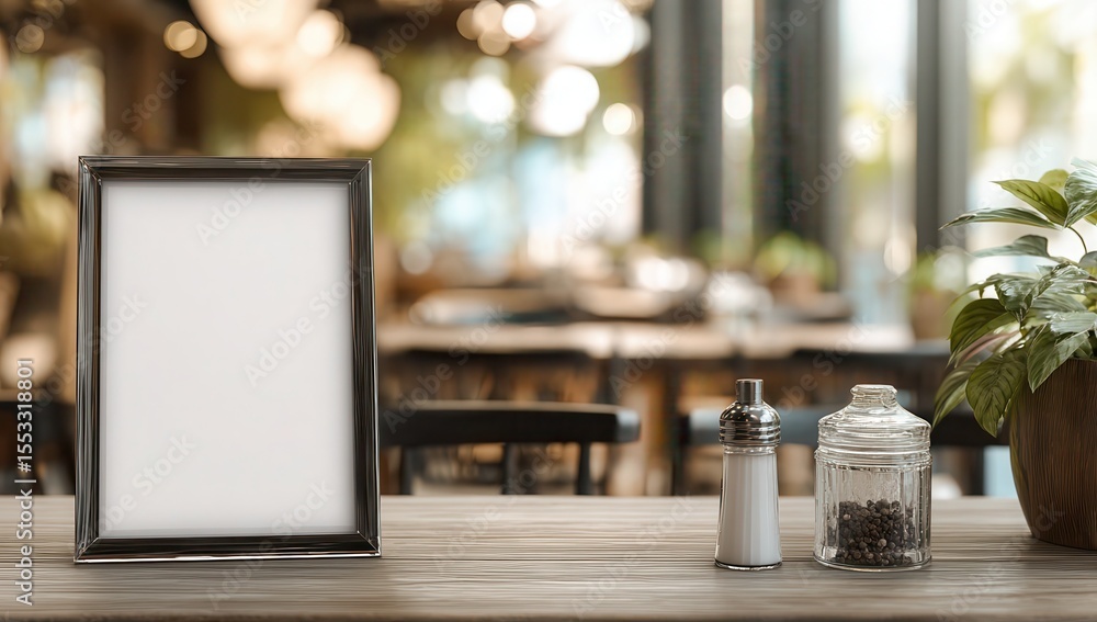 Poster a clear acrylic frame with blank white paper inside, placed on an empty table in the foreground of a