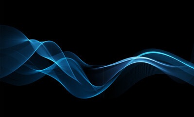 Vector Abstract Shiny Glowing Blue Color Wave. Transparent Flowing Wavy Lines. Elegant Luxury background. Black BG