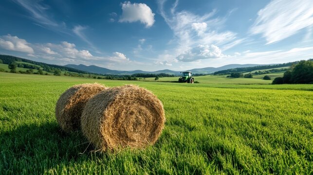 A picturesque landscape featuring round hay bales in vibrant green fields, under a clear blue sky with fluffy clouds, ideal for agriculture or rural lifestyle imagery.