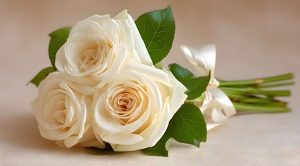 Three elegant white roses tied with satin ribbon on surface.