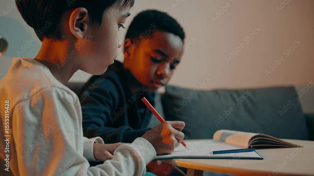 Poster young pupils studying diligently, collaborating on homework at table, one writing while other observ
