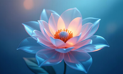 Abstract glowing blue and pink lotus flower illustration on blue background.