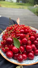 Red cherries in a bowl. Fresh sweet fruits with vitamins ready to eat. Harvest from own garden. Close up. Vertical.