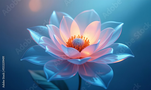 Abstract glowing blue and pink lotus flower illustration on blue background.