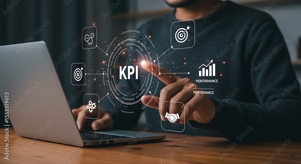 Poster businessman interacting with key performance indicator visualization on modern laptop screen technol