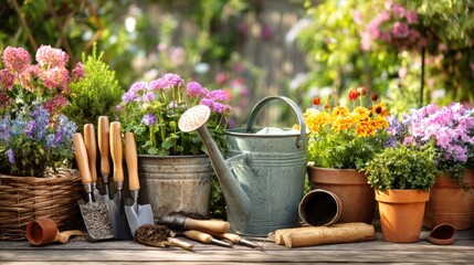 Gardening tools and plants in a sunny garden setting