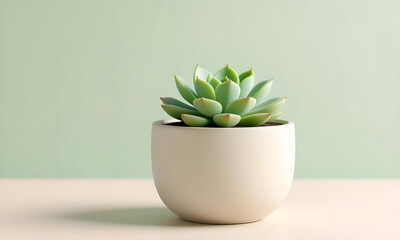 Potted succulent plant on pastel table against muted green background.