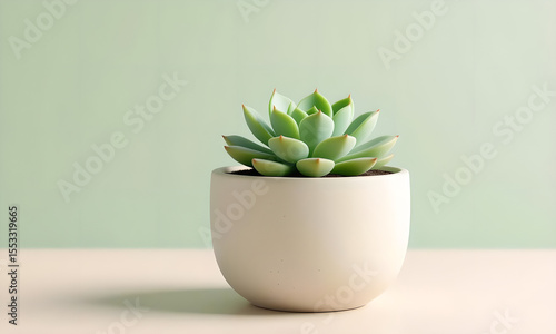 Potted succulent plant on pastel table against muted green background.