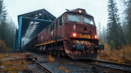 Obraz premium An old rusty train sits in an abandoned warehouse, surrounded by fog and overgrown vegetation, capturing a sense of nostalgia and decay in an eerie atmosphere.