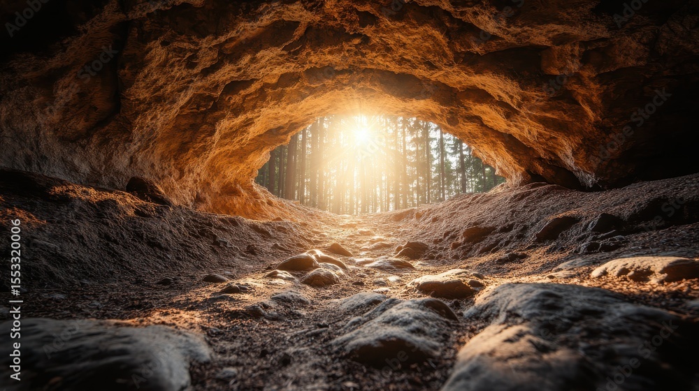 Poster a captivating view of sunlight filtering through an opening in a cave, casting warm light on the roc