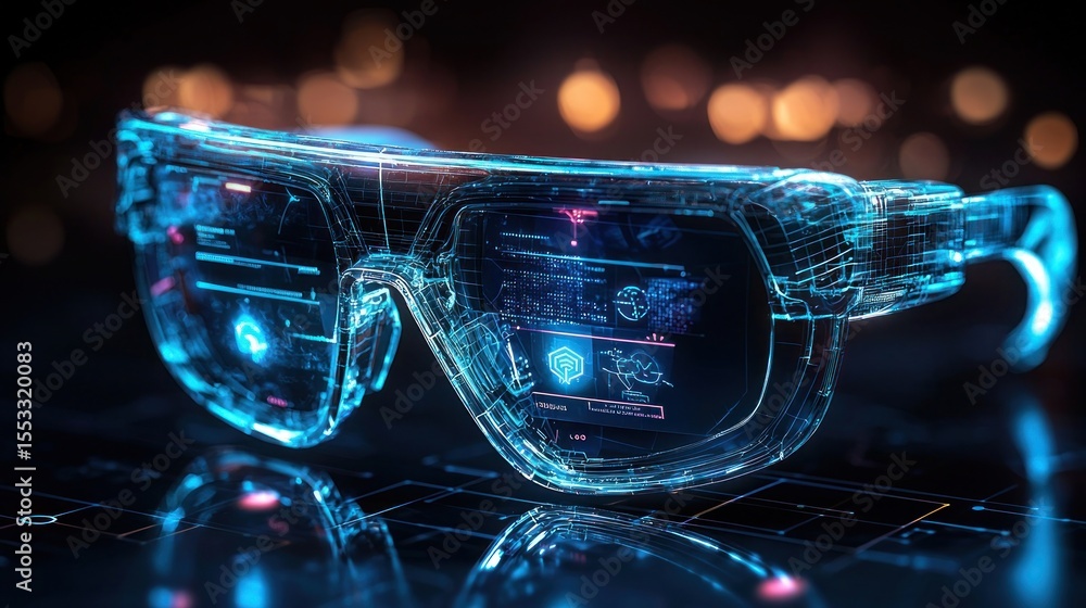 Poster futuristic transparent glasses with digital interface and data display