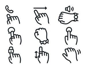 Fototapeta premium Smart Ring Gesture Icons. Flat icon set of smart ring gestures and controls: tap to answer call, swipe to skip