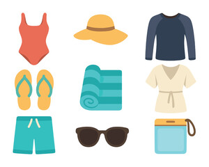 Beachwear Essentials Icons. Flat icon set of beachwear essentials: swimsuit, sunhat, rash guard, flip flops,