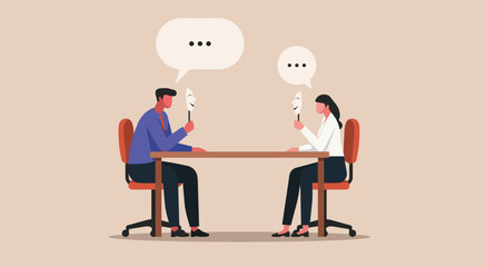 Two office workers holding smiling masks during a conversation, concept of  emotional repression, forced positivity, fake workplace culture, and hidden emotional, flat vector illustration