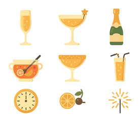 Festive Drink Icons. Flat icon set of New Year&rsquo;s Eve drinks: champagne flute, golden cocktail, prosecco bottle