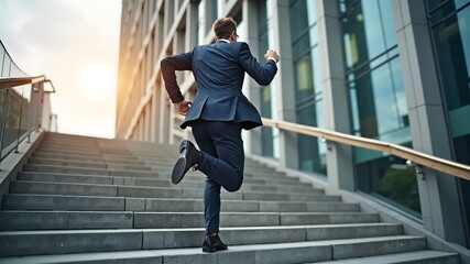 A business man quickly runs up the stairs outside a business building. Career growth, success and personal growth
