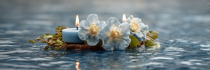 Blue floral arrangement with tealight candles on rippling water for luxury wellness and mood setting