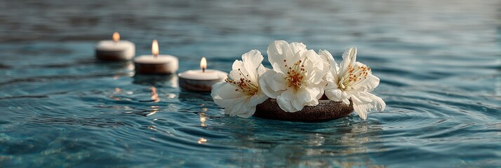 Banner with white blossom and floating candles on tranquil blue water for peaceful spa and meditation atmosphere