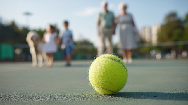 A tennis ball on the court during an outdoor family activity