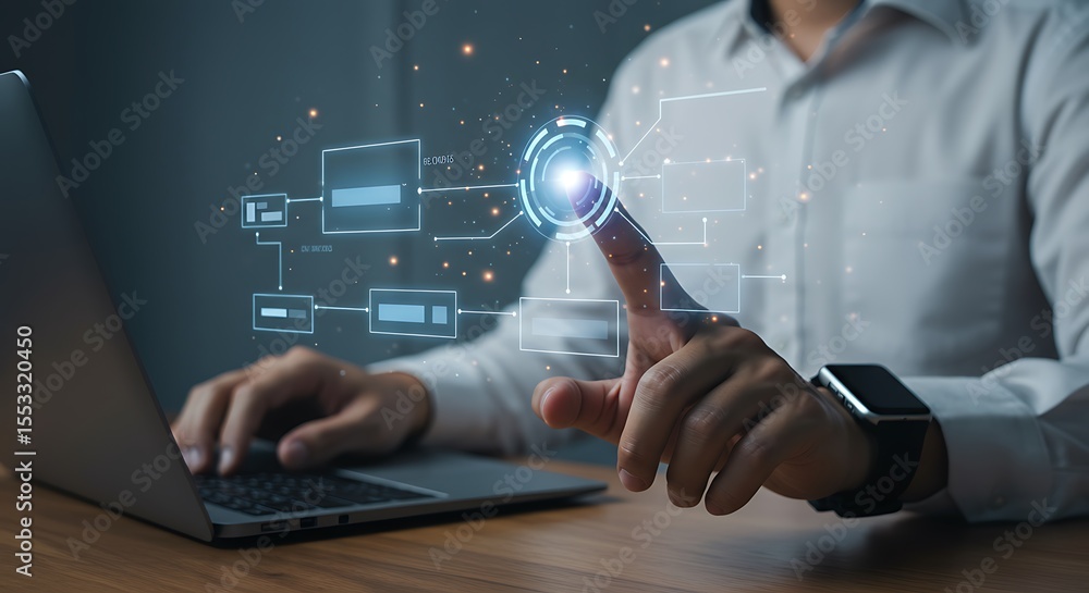 Poster businessman interacting with futuristic digital interface exploring innovative data analysis technol
