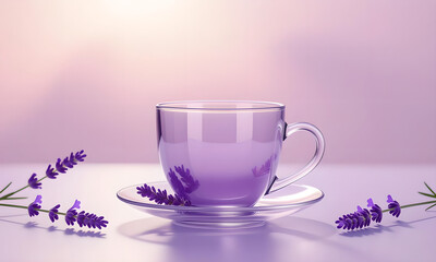 Elegant Lavender Tea Cup Still Life on Soft Purple Background.