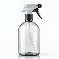 Transparent spray bottle containing liquid, showcasing cleanliness and utility on white background