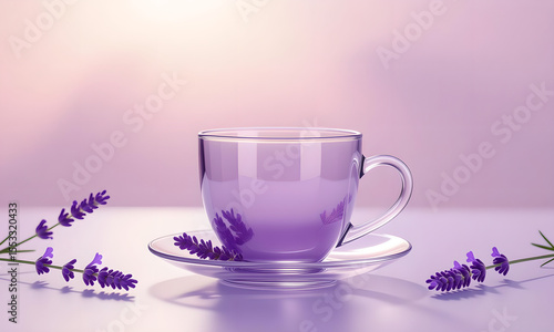 Elegant Lavender Tea Cup Still Life on Soft Purple Background.