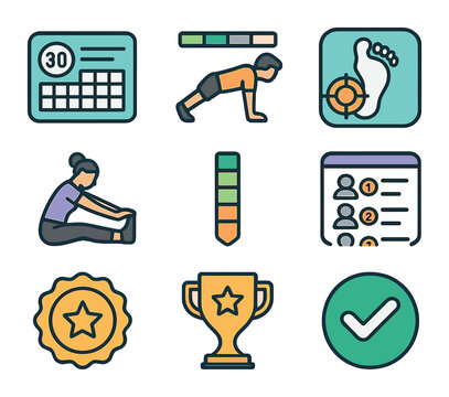 Fitness Challenge Icons. Flat icon set of fitness challenges: 30-day challenge card, push-up tracker, steps