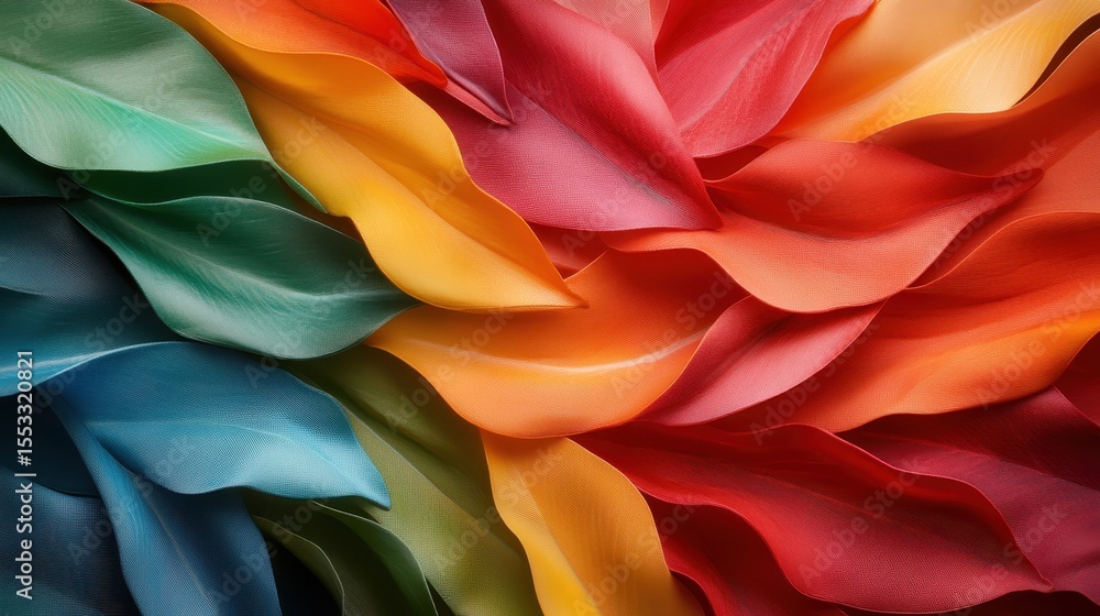 Poster an array of beautifully folded colorful leather pieces transitioning from cool to warm tones, repres