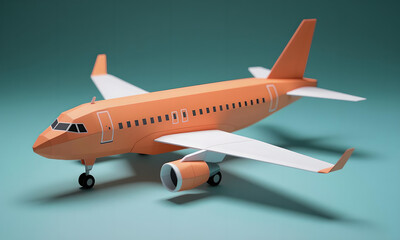 Low-poly orange passenger airplane model isolated on teal background, transportation concept.