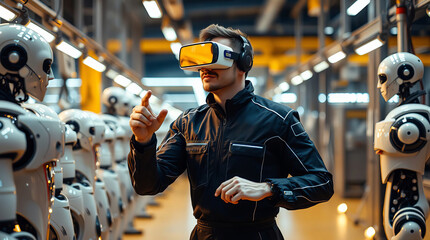 A man in a factory wearing VR glasses shows gestures and hand movements to robots with artificial intelligence for their maintenance and training. Concept of the future of work