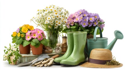 Spring garden essentials displayed.  Colorful flowers, gardening tools, and accessories