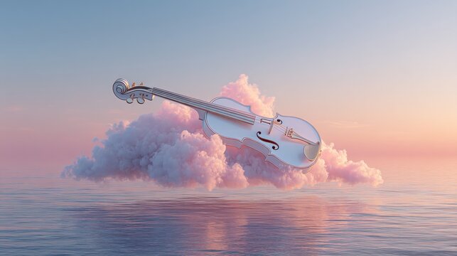 Violin floats on a fluffy cloud over a calm ocean
