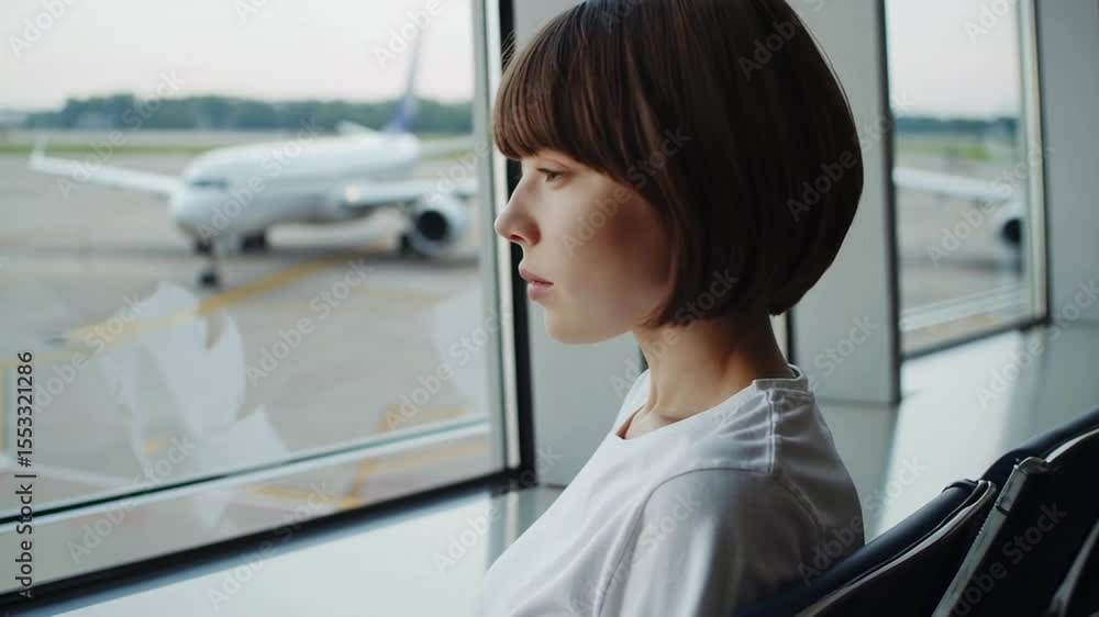 Poster passenger looking at airplane through window at airport terminal while waiting for flight departure,