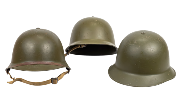 Three Olive Green Military Helmets Displayed Against Transparent Background Showing Protective Headgear Worn During Armed Conflict