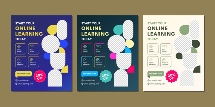 Colorful and modern social media post templates for promoting online learning courses. Includes editable photo placeholders and icons.