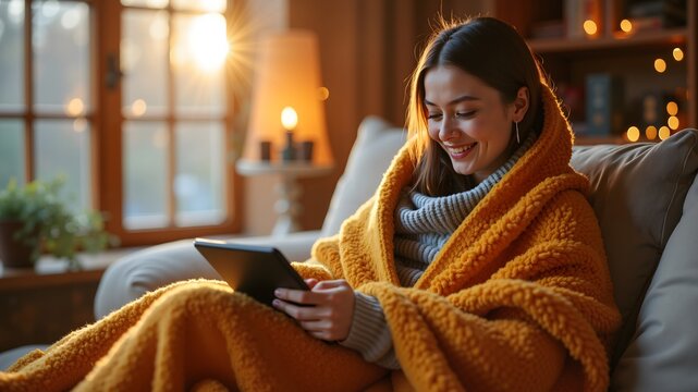 Happy woman wrapped in bright blanket in cozy home environment sitting on sofa using digital tablet, autumn leisure
- Powered by Adobe